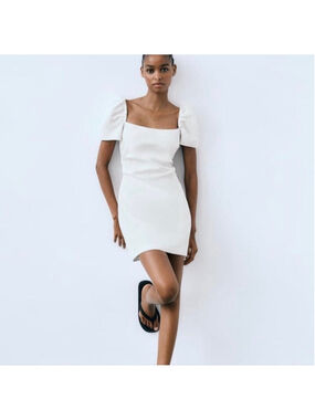 ZARA White Puff Sleeve Mini Dress S Cotton Open Back Minimalist Party Summer